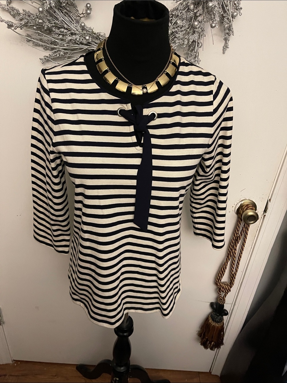 Talbots Navy and White Striped Lace-Up Long Sleeve Top